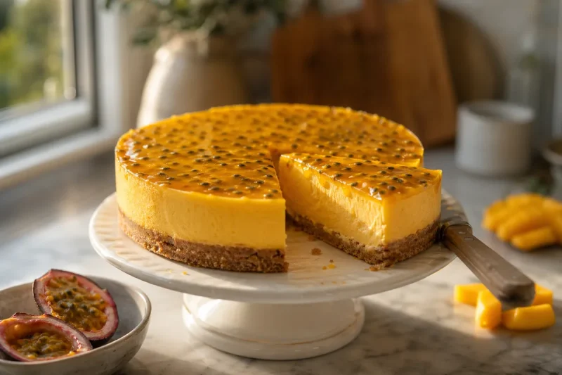 No bake mango-cheesecake med gul fyllning och passionsfruktstäcke på vit kakfat