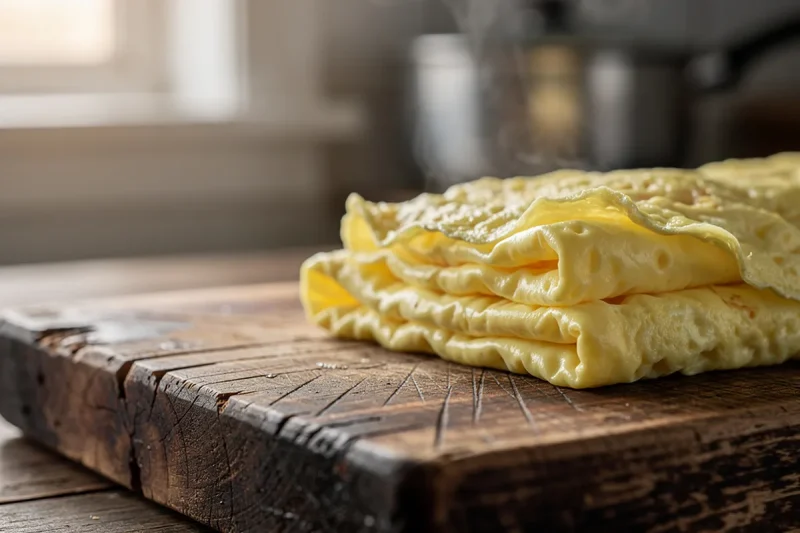 Folded eggs på träskärbräda med mjuka gula lager