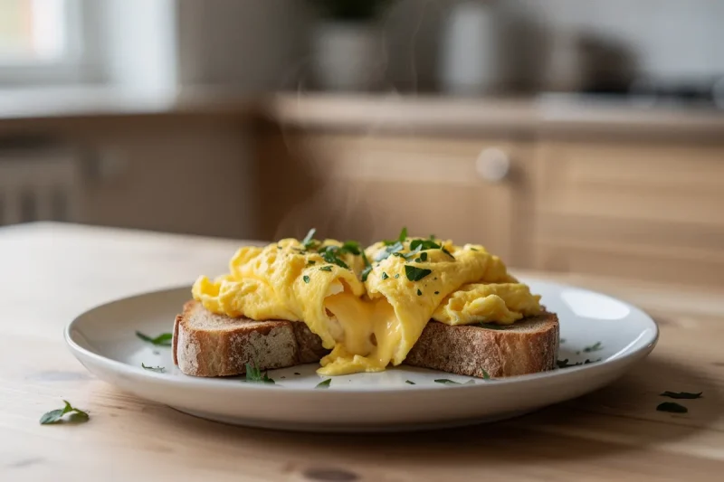 Folded eggs med mjuka gula lager på en rostad skiva bröd