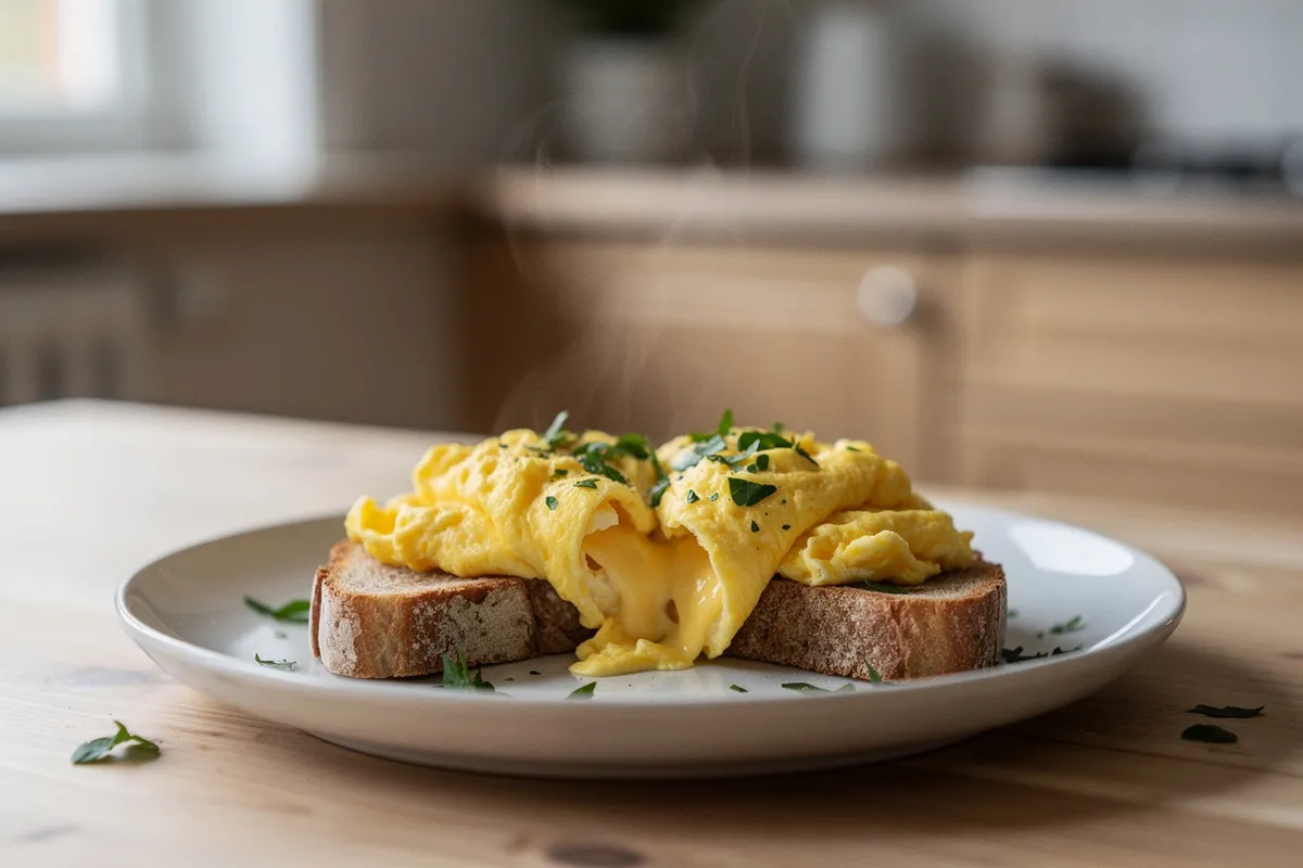 Folded eggs med mjuka gula lager på en rostad skiva bröd