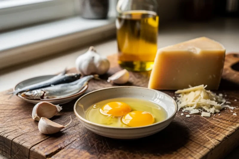 Ingredienser för hemgjord caesardressing på träskärbräda i varmt kökljus