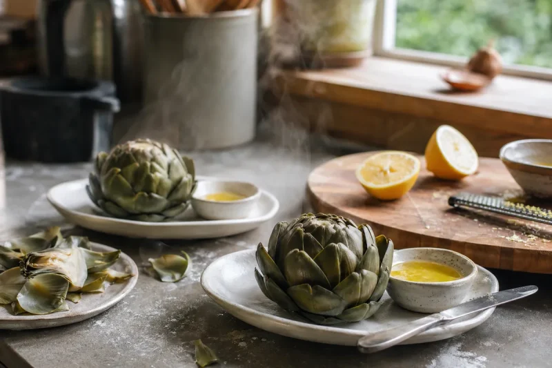 Kokta kronärtskockor på vita tallrikar med citronsmör i små skålar bredvid