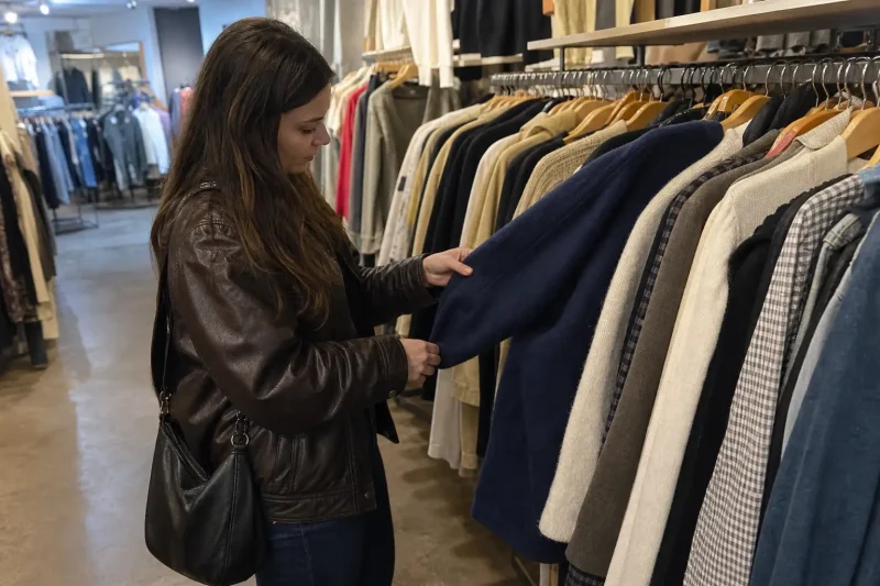 En person bläddrar igenom kläder på en klädställning i en secondhandbutik och letar efter sitt nästa favoritplagg till gar...